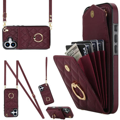 Rhombic Texture Card Bag Phone Case with Long Lanyard