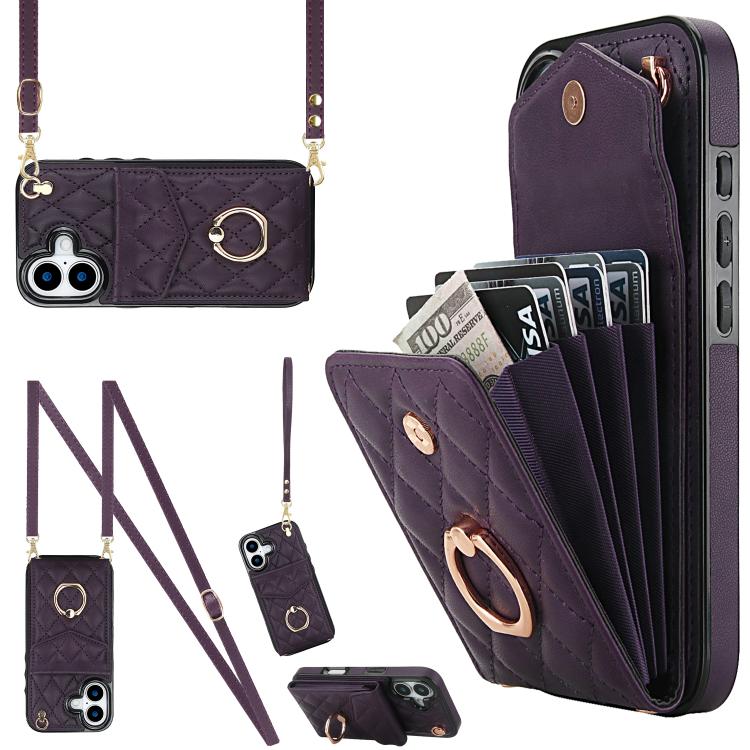 Rhombic Texture Card Bag Phone Case with Long Lanyard
