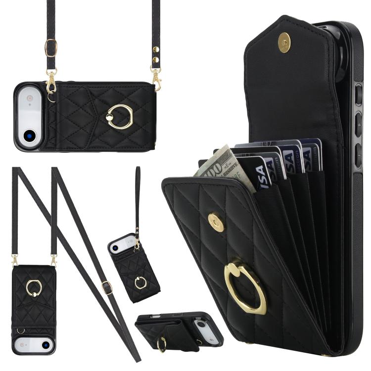 Rhombic Texture Card Bag Phone Case with Long Lanyard