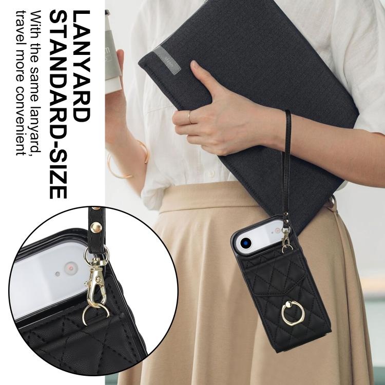 Rhombic Texture Card Bag Phone Case with Long Lanyard