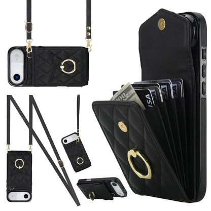Rhombic Texture Card Bag Phone Case with Long Lanyard, For iPhone 17, For iPhone Air, For iPhone 15 Pro Max