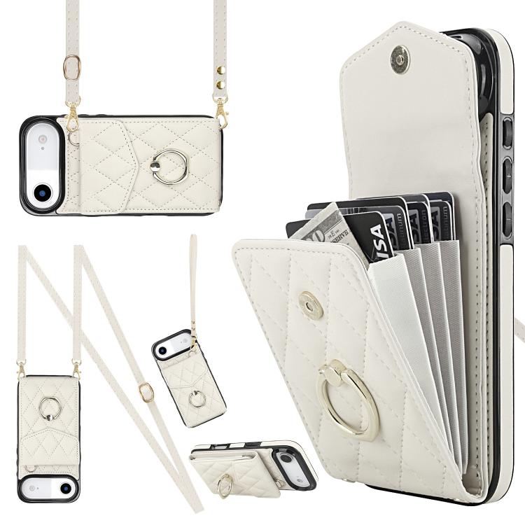 Rhombic Texture Card Bag Phone Case with Long Lanyard