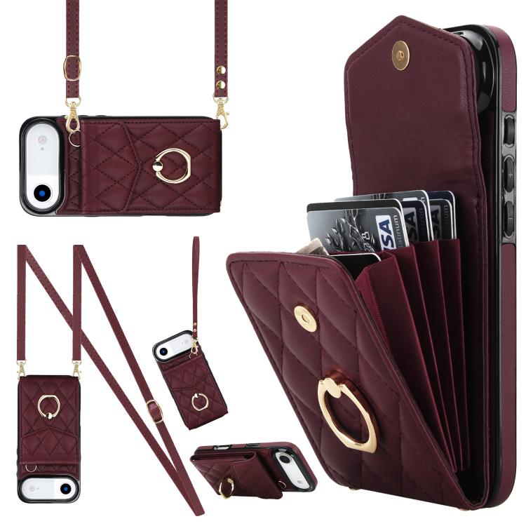 Rhombic Texture Card Bag Phone Case with Long Lanyard