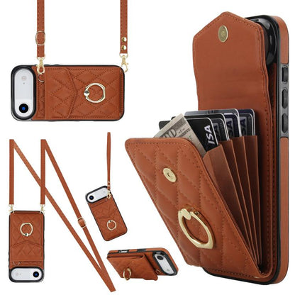 Rhombic Texture Card Bag Phone Case with Long Lanyard