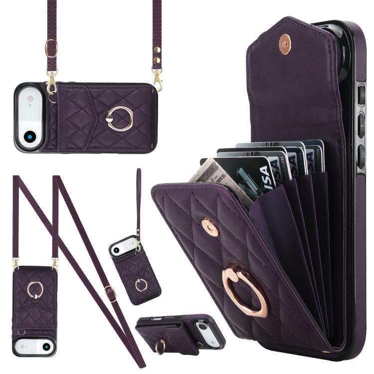Rhombic Texture Card Bag Phone Case with Long Lanyard