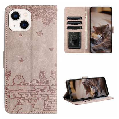 Cat Embossing Pattern Leather Phone Case with Lanyard, For iPhone 15, For iPhone 14 Plus, For iPhone 14, For iPhone 14 Pro