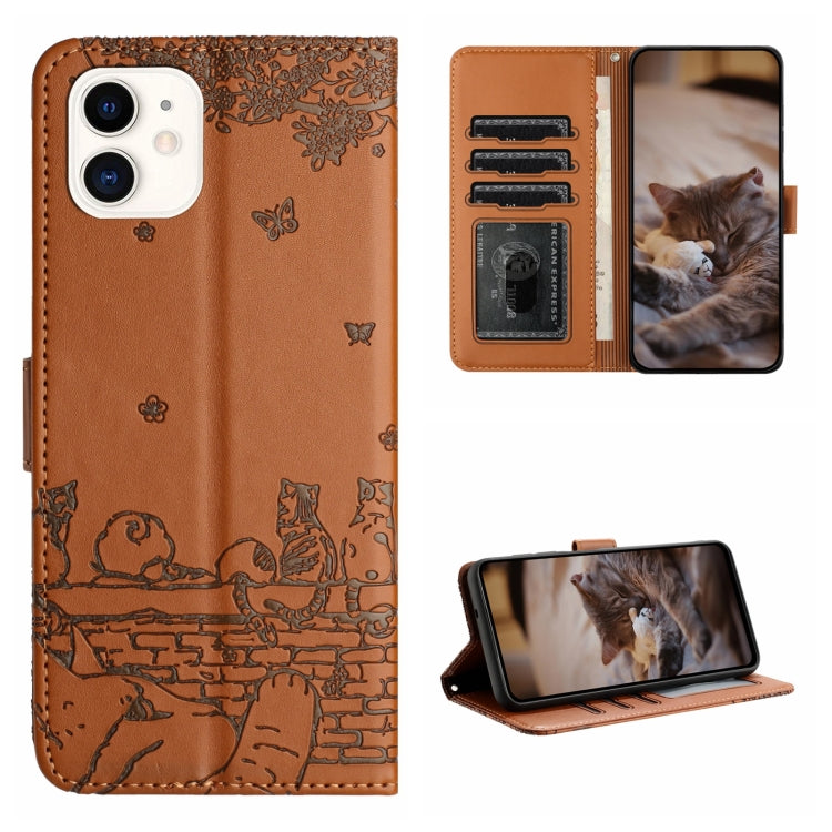 Cat Embossing Pattern Leather Phone Case with Lanyard, For iPhone 12 mini, For iPhone 11 Pro Max, For iPhone 11, For iPhone 11 Pro