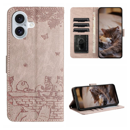 Cat Embossing Pattern Leather Phone Case with Lanyard, For iPhone Air, For iPhone 16 Pro Max, For iPhone 16 Pro, For iPhone 16 Plus