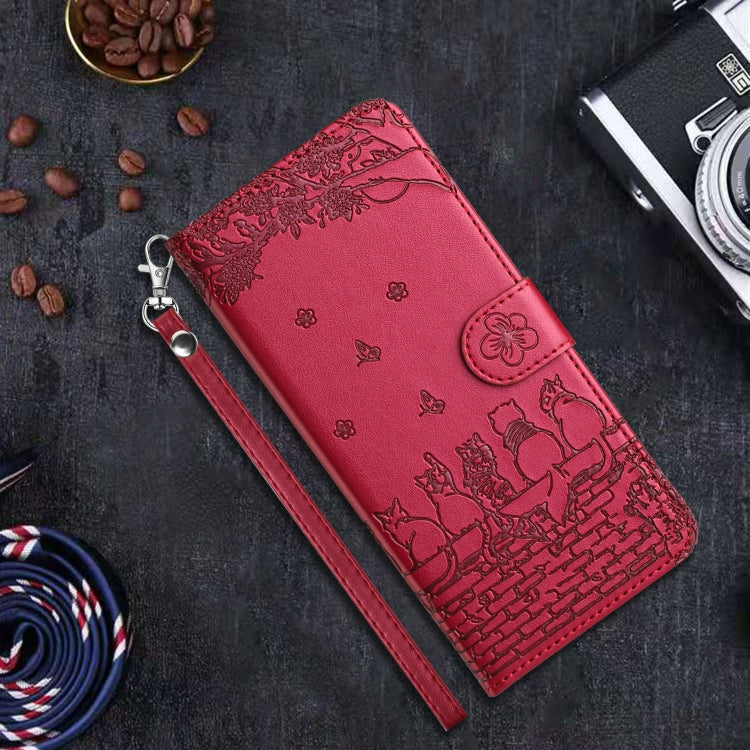Cat Embossing Pattern Leather Phone Case with Lanyard, For iPhone 16, For iPhone 15 Pro Max, For iPhone 15 Pro, For iPhone 15 Plus