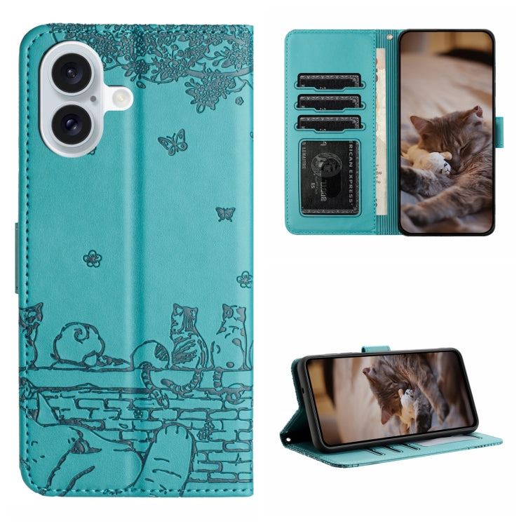 Cat Embossing Pattern Leather Phone Case with Lanyard, For iPhone 16, For iPhone 15 Pro Max, For iPhone 15 Pro, For iPhone 15 Plus