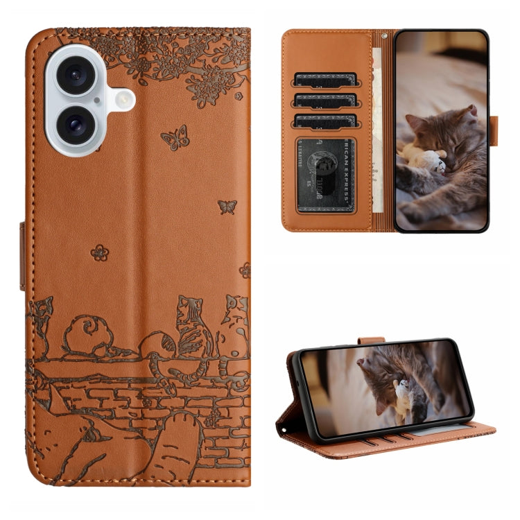 Cat Embossing Pattern Leather Phone Case with Lanyard, For iPhone 16, For iPhone 15 Pro Max, For iPhone 15 Pro, For iPhone 15 Plus