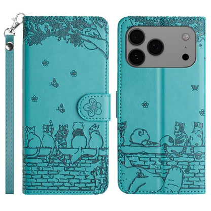Cat Embossing Pattern Leather Phone Case with Lanyard, For iPhone 18 Pro / 17 Pro, For iPhone 18 Pro Max / 17 Pro Max, For iPhone 16e / 17e, For iPhone 17