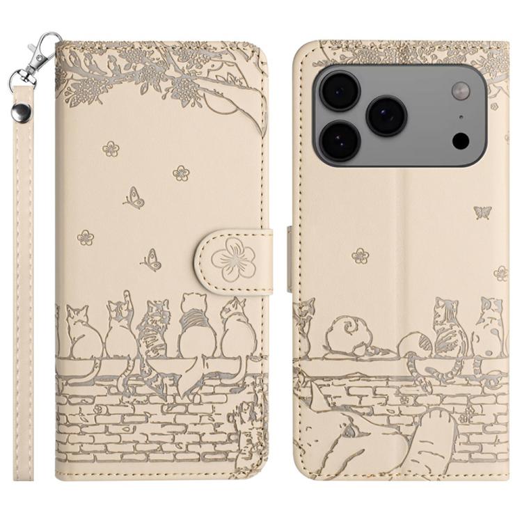 Cat Embossing Pattern Leather Phone Case with Lanyard, For iPhone 18 Pro / 17 Pro, For iPhone 18 Pro Max / 17 Pro Max, For iPhone 16e / 17e, For iPhone 17