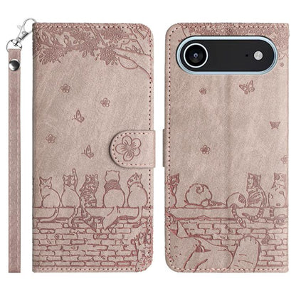 Cat Embossing Pattern Leather Phone Case with Lanyard, For iPhone Air, For iPhone 16 Pro Max, For iPhone 16 Pro, For iPhone 16 Plus