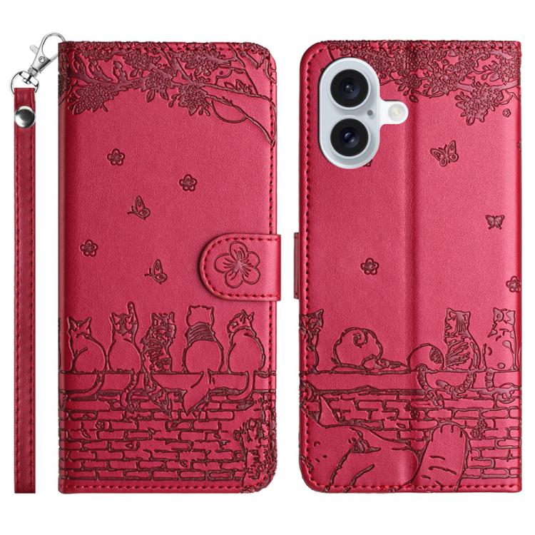 Cat Embossing Pattern Leather Phone Case with Lanyard, For iPhone 18 Pro / 17 Pro, For iPhone 18 Pro Max / 17 Pro Max, For iPhone 16e / 17e, For iPhone 17