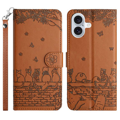 Cat Embossing Pattern Leather Phone Case with Lanyard, For iPhone 18 Pro / 17 Pro, For iPhone 18 Pro Max / 17 Pro Max, For iPhone 16e / 17e, For iPhone 17