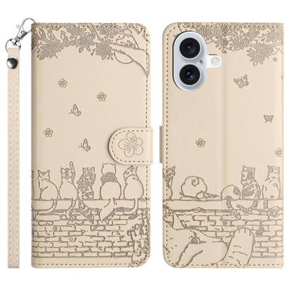 Cat Embossing Pattern Leather Phone Case with Lanyard, For iPhone 16e / 17e, For iPhone 17 Pro Max, For iPhone 17 Pro, For iPhone 17