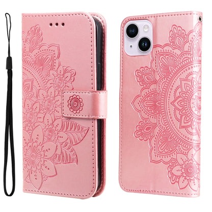 Seven-petal Flowers Embossing Leather Phone Case, For iPhone 15