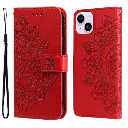 Seven-petal Flowers Embossing Leather Phone Case, For iPhone 15