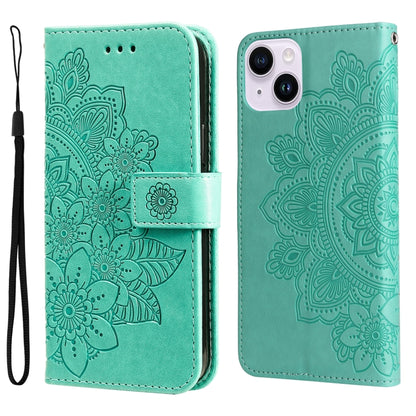 Seven-petal Flowers Embossing Leather Phone Case, For iPhone 16, For iPhone 15 Pro Max, For iPhone 15 Pro, For iPhone 15 Plus