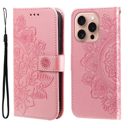 Seven-petal Flowers Embossing Leather Phone Case, For iPhone Air, For iPhone 16 Pro Max, For iPhone 16 Pro, For iPhone 16 Plus