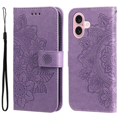 Seven-petal Flowers Embossing Leather Phone Case, For iPhone 16, For iPhone 15 Pro Max, For iPhone 15 Pro, For iPhone 15 Plus