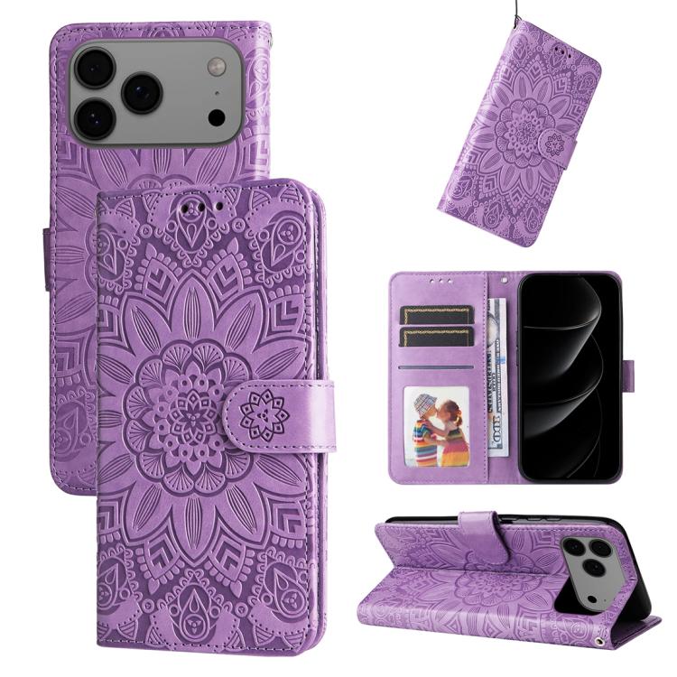 Embossed Sunflower Leather Phone Case, For iPhone 18 Pro / 17 Pro, For iPhone 18 Pro Max / 17 Pro Max, For iPhone 17e / 16e, For iPhone 17