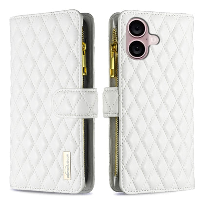 Diamond Lattice Zipper Wallet Leather Flip Phone Case, For iPhone 16 Pro Max, For iPhone 16 Pro, For iPhone 16 Plus, For iPhone 16