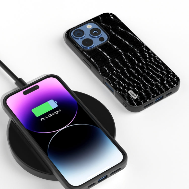 ABEEL Genuine Leather Crocodile Pattern Black Edge Phone Case, For iPhone 16 Pro Max, For iPhone 16 Pro, For iPhone 16 Plus, For iPhone 16, For iPhone 15 Pro Max, For iPhone 15 Pro