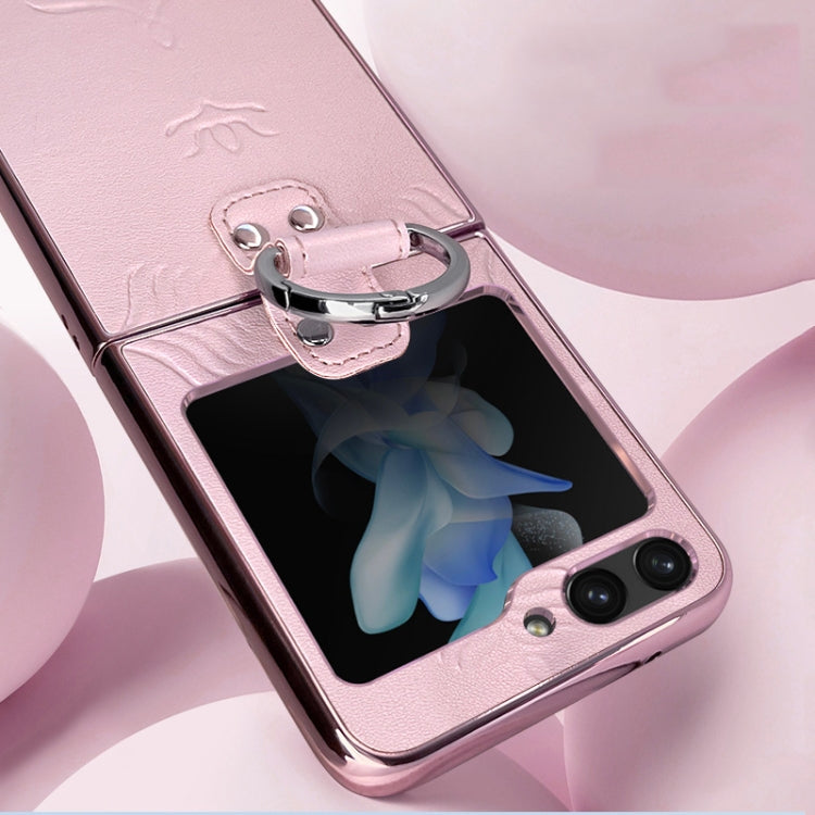 Electroplated Embossed Leather Phone Case with Ring, For Samsung Galaxy Z Flip5