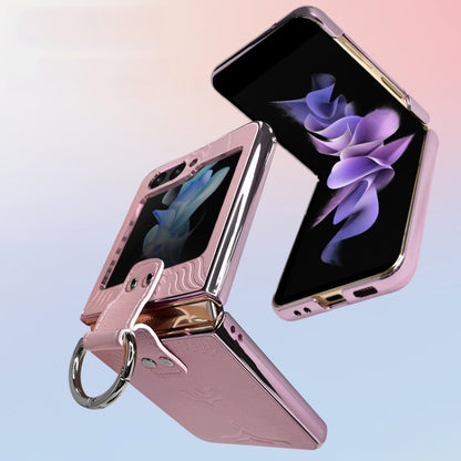 Electroplated Embossed Leather Phone Case with Ring, For Samsung Galaxy Z Flip5