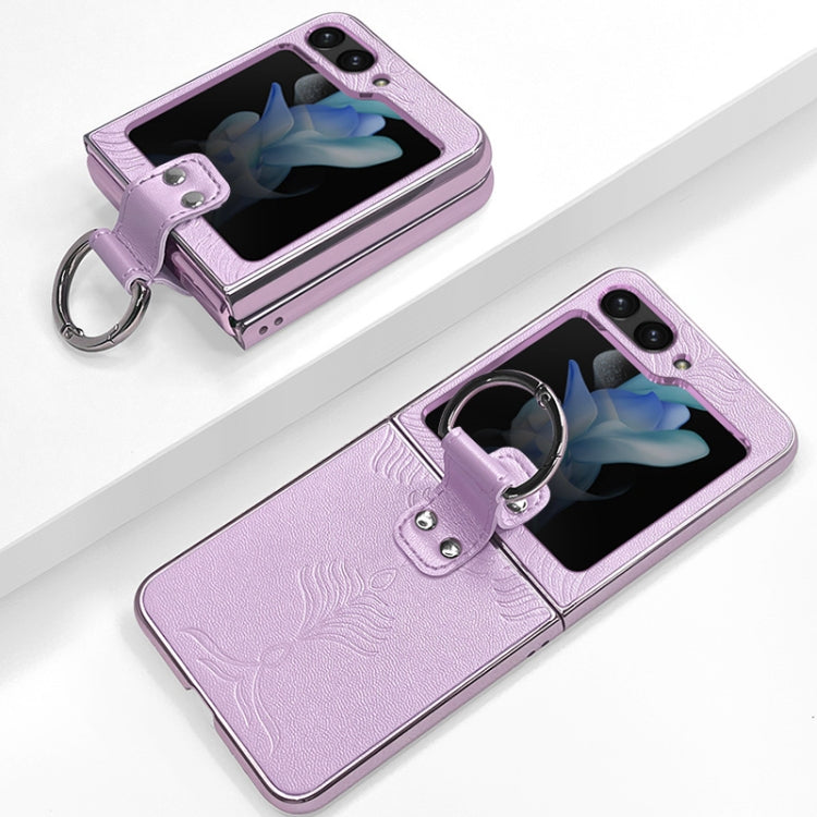 Electroplated Embossed Leather Phone Case with Ring, For Samsung Galaxy Z Flip5