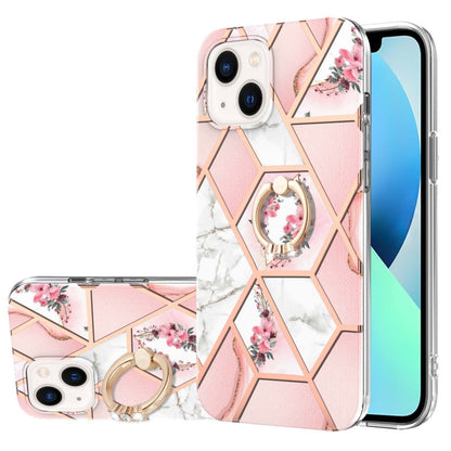 Electroplating Splicing Marble Flower Pattern TPU Shockproof Case with Rhinestone Ring Holder, For iPhone 15 Pro Max, For iPhone 15 Pro, For iPhone 15 Plus, For iPhone 15