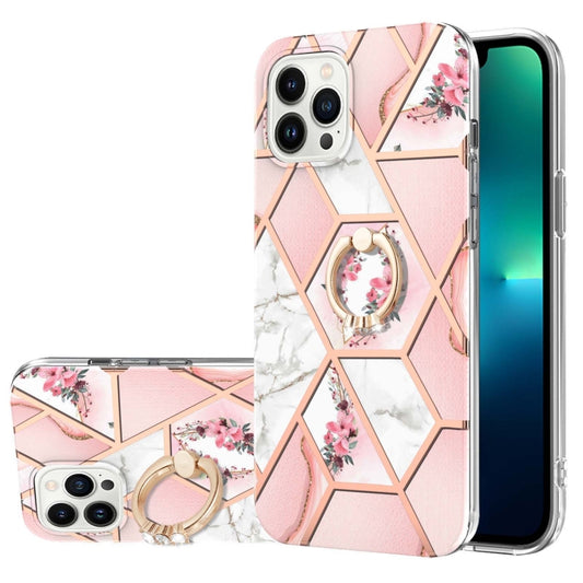 Electroplating Splicing Marble Flower Pattern TPU Shockproof Case with Rhinestone Ring Holder