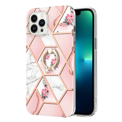 Electroplating Splicing Marble Flower Pattern TPU Shockproof Case with Rhinestone Ring Holder, For iPhone 15 Pro Max, For iPhone 15 Pro, For iPhone 15 Plus, For iPhone 15
