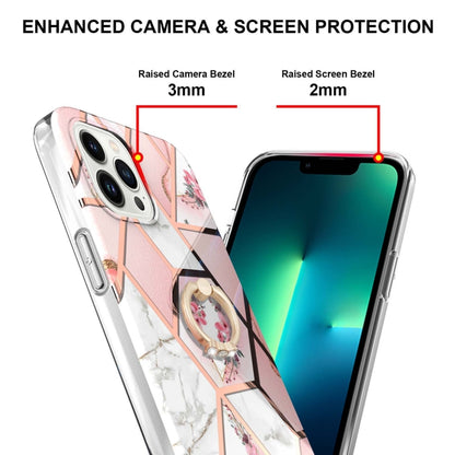 Electroplating Splicing Marble Flower Pattern TPU Shockproof Case with Rhinestone Ring Holder, For iPhone 15 Pro Max, For iPhone 15 Pro, For iPhone 15 Plus, For iPhone 15
