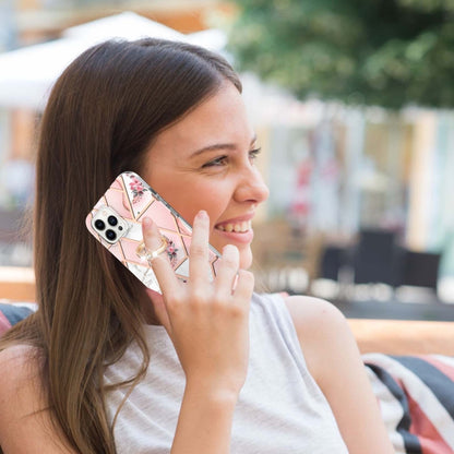 Electroplating Splicing Marble Flower Pattern TPU Shockproof Case with Rhinestone Ring Holder, For iPhone 15 Pro Max, For iPhone 15 Pro, For iPhone 15 Plus, For iPhone 15