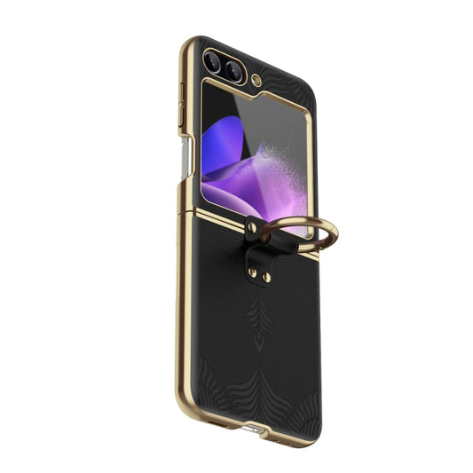 Electroplated Embossed Leather Phone Case with Ring, For Samsung Galaxy Z Flip6 / Flip7 FE, For Samsung Galaxy Z Flip5, For Samsung Galaxy Z Flip4