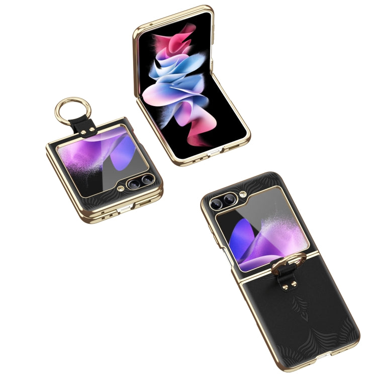 Electroplated Embossed Leather Phone Case with Ring, For Samsung Galaxy Z Flip6 / Flip7 FE, For Samsung Galaxy Z Flip5, For Samsung Galaxy Z Flip4
