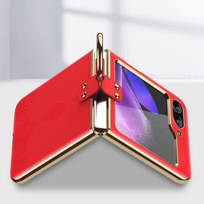 Electroplated Embossed Leather Phone Case with Ring, For Samsung Galaxy Z Flip6 / Flip7 FE, For Samsung Galaxy Z Flip5, For Samsung Galaxy Z Flip4