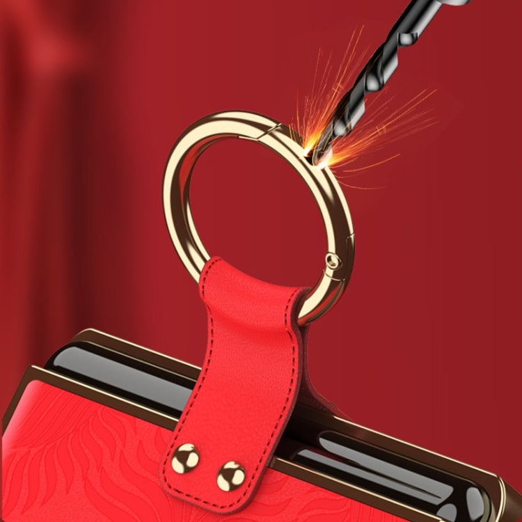 Electroplated Embossed Leather Phone Case with Ring, For Samsung Galaxy Z Flip6 / Flip7 FE, For Samsung Galaxy Z Flip5, For Samsung Galaxy Z Flip4