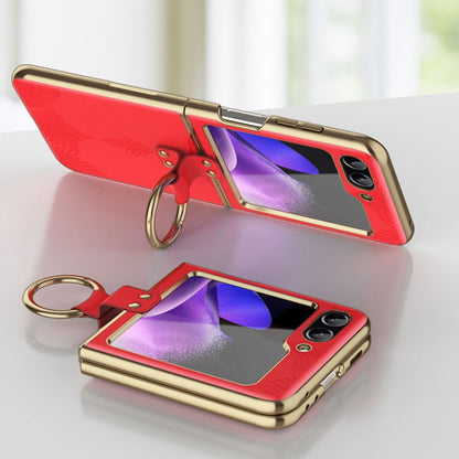 Electroplated Embossed Leather Phone Case with Ring, For Samsung Galaxy Z Flip6 / Flip7 FE, For Samsung Galaxy Z Flip5, For Samsung Galaxy Z Flip4