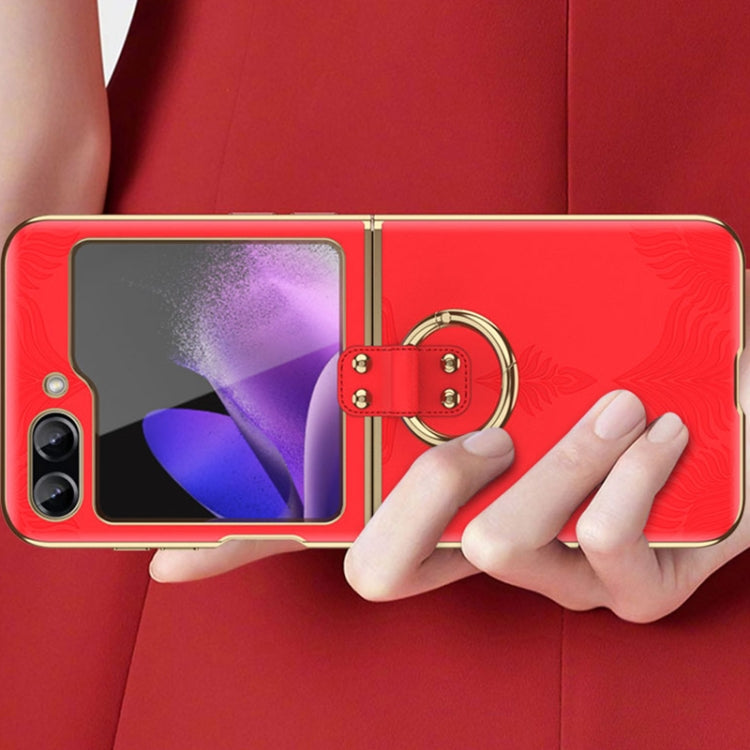 Electroplated Embossed Leather Phone Case with Ring, For Samsung Galaxy Z Flip6 / Flip7 FE, For Samsung Galaxy Z Flip5, For Samsung Galaxy Z Flip4