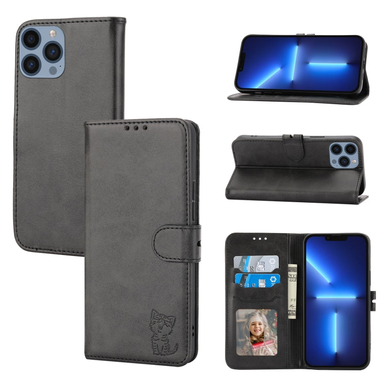 Embossed Happy Cat Pattern Flip Leather Phone Case, For iPhone Air, For iPhone 16 Pro Max, For iPhone 16 Pro, For iPhone 16