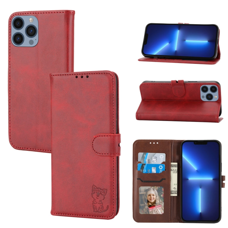 Embossed Happy Cat Pattern Flip Leather Phone Case, For iPhone Air, For iPhone 16 Pro Max, For iPhone 16 Pro, For iPhone 16