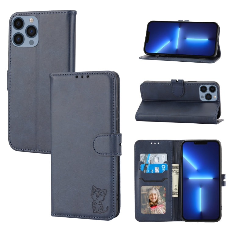 Embossed Happy Cat Pattern Flip Leather Phone Case, For iPhone Air, For iPhone 16 Pro Max, For iPhone 16 Pro, For iPhone 16