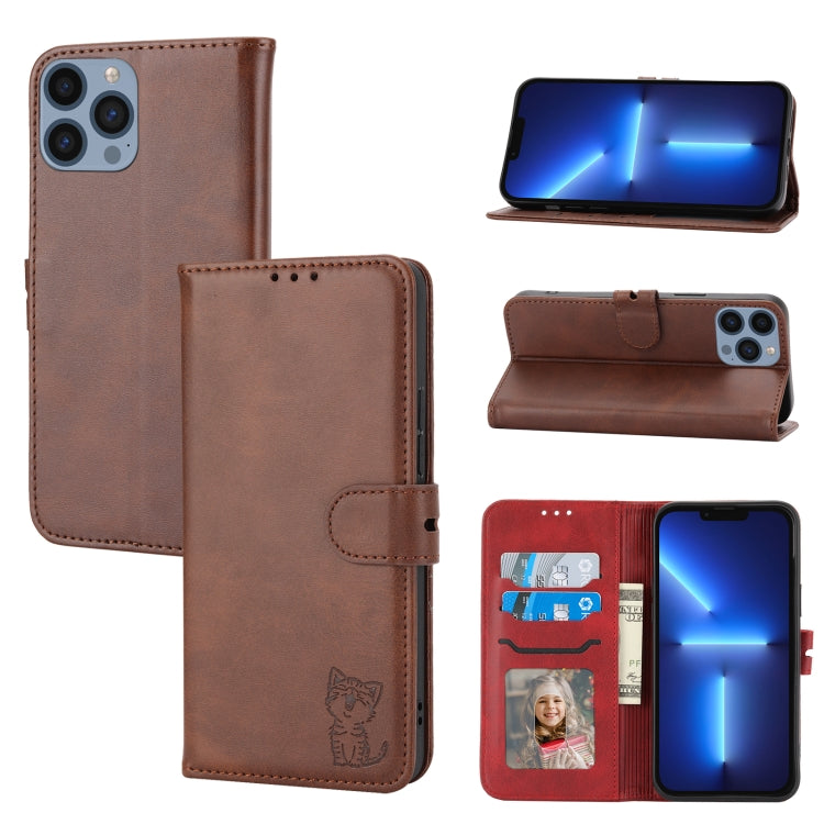 Embossed Happy Cat Pattern Flip Leather Phone Case, For iPhone Air, For iPhone 16 Pro Max, For iPhone 16 Pro, For iPhone 16