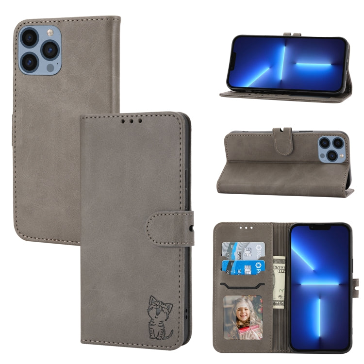 Embossed Happy Cat Pattern Flip Leather Phone Case, For iPhone Air, For iPhone 16 Pro Max, For iPhone 16 Pro, For iPhone 16