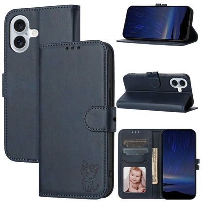 Embossed Happy Cat Pattern Flip Leather Phone Case, For iPhone Air, For iPhone 16 Pro Max, For iPhone 16 Pro, For iPhone 16