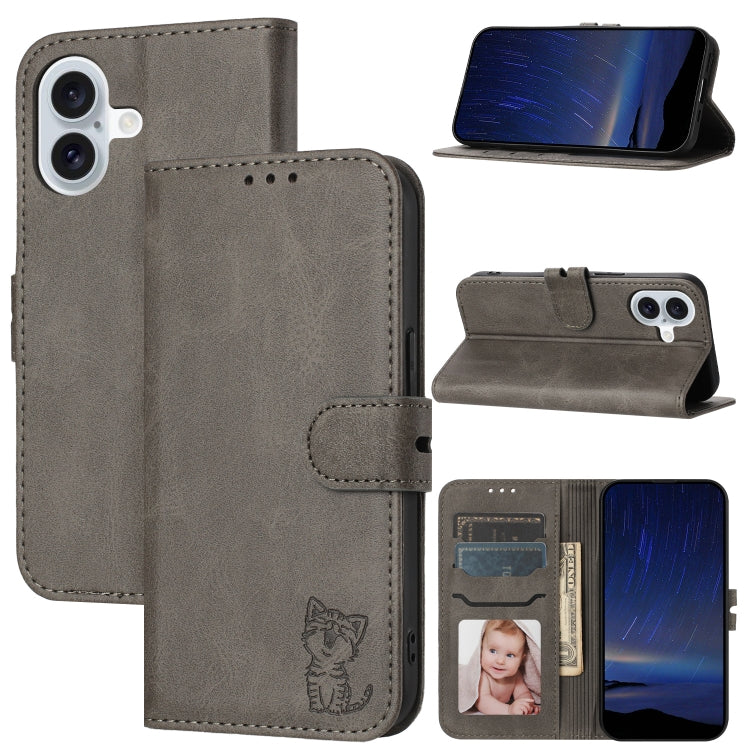 Embossed Happy Cat Pattern Flip Leather Phone Case, For iPhone Air, For iPhone 16 Pro Max, For iPhone 16 Pro, For iPhone 16